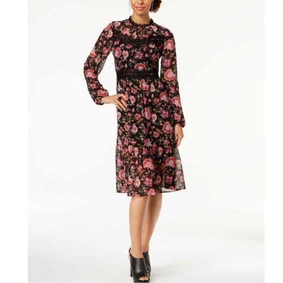 NINE WEST Lace Trim Floral Chiffon Midi Dress - Picture 1 of 9